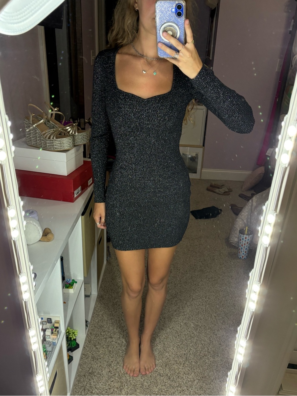 Abercrombie & Fitch Black Sparkle Long-Sleeve Mini Dress